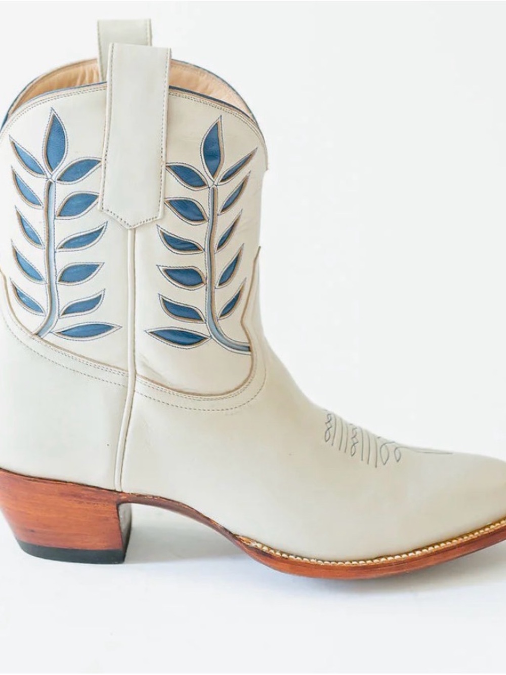 Cream Leather Western Ankle Boot with Blue Leaf Inlay
